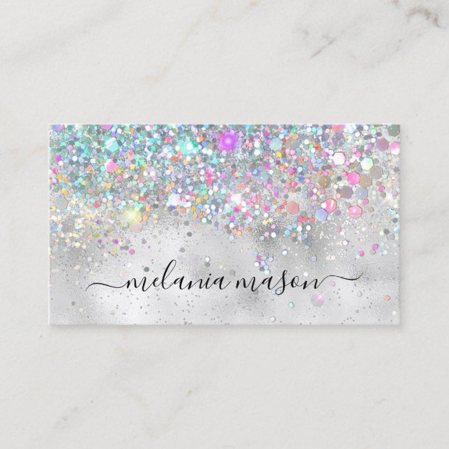 Makeup Artist Elegant Holographic Glitter Silver Business Card (Front)