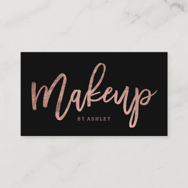 Makeup artist elegant rose gold typography black business card (Front)