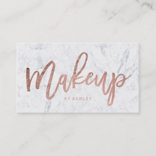 Makeup artist elegant rose gold typography marble business card (Front)