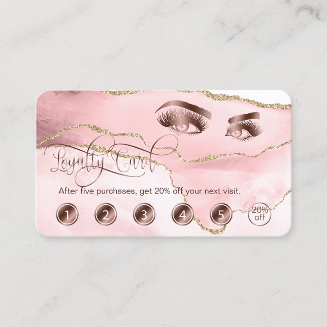 Makeup Artist Eyebrow Eyes Lashes Rose Gold Agate Loyalty Card (Front)