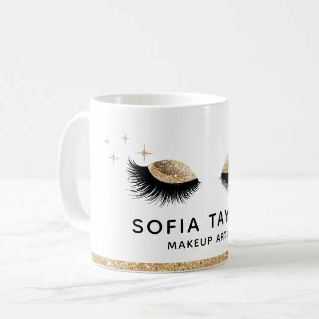 Makeup artist Eyebrows Lashes Glitter Gold Sepia Coffee Mug (Front Left)