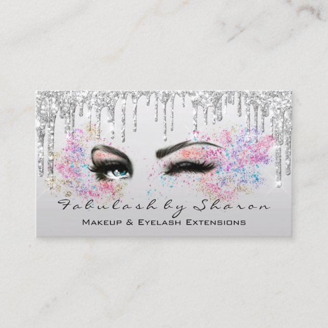 Makeup Artist Eyelash Lashes Glitter Drips Grey Business Card (Front)