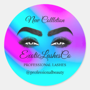 Makeup Artist Eyelash Logo Pink Blue Custom Classic Round Sticker