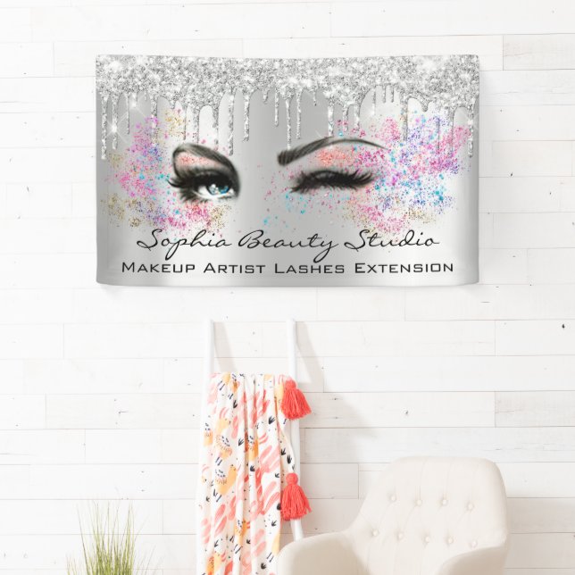 Makeup Artist Eyelashes Grey Drips Silver Blush Banner (Insitu)