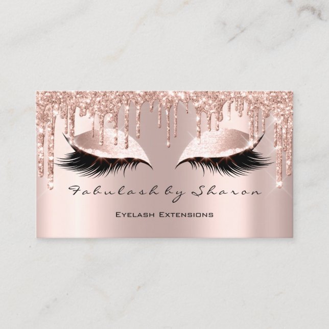 Makeup Artist Eyes Lashes Glitter Drips Rose Gold Business Card (Front)