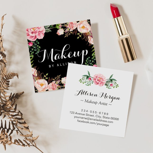 Makeup Artist Girly Romantic Floral Wrapping Square Business Card (Creator Uploaded)