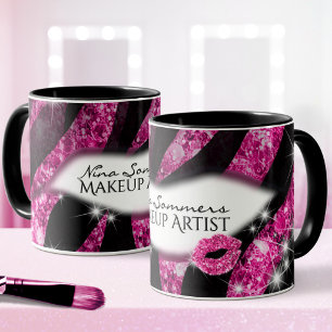 Makeup Artist Glam Pink Glitter Lips Zebra Print Mug