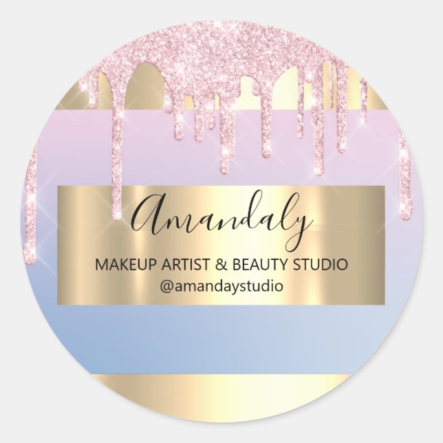 Makeup Artist Glitter Drip Gold Frame Blue Pink Classic Round Sticker (Front)
