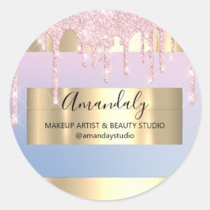 Makeup Artist Glitter Drip Gold Frame Blue Pink Classic Round Sticker