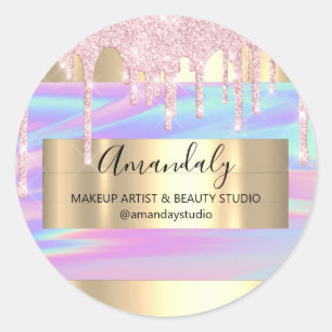 Makeup Artist Glitter Drip Gold Framed Holograph   Classic Round Sticker