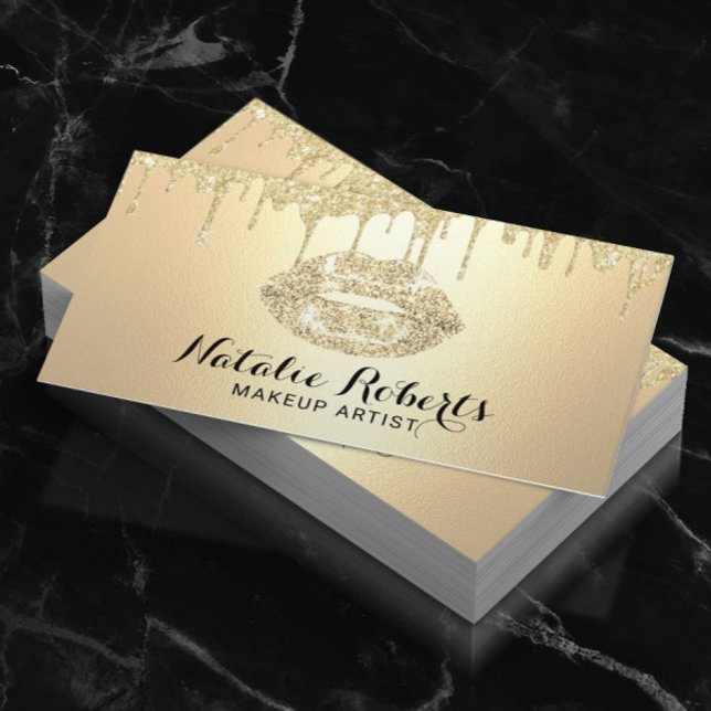Makeup Artist Glitter Drips Modern Gold Lips Salon Business Card (Creator Uploaded)