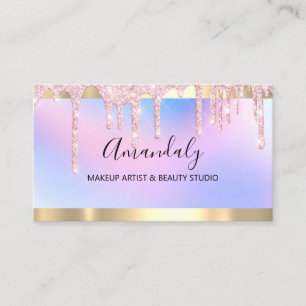 Makeup Artist Glitter Pink Drips Holographic Nails Business Card