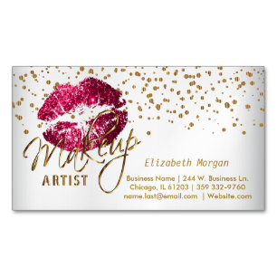 Makeup Artist - Gold Confetti and  Hot Pink Lips Magnetic Business Card