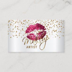 Makeup Artist Gold Confetti & Hot Pink Lips  Satin Business Card