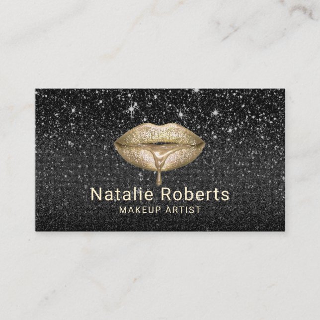 Makeup Artist Gold Drips Lips Modern Black Glitter Business Card (Front)