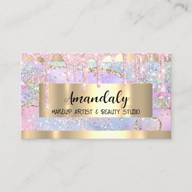 Makeup Artist Gold Framed Glitter QRCode Drips Business Card (Front)