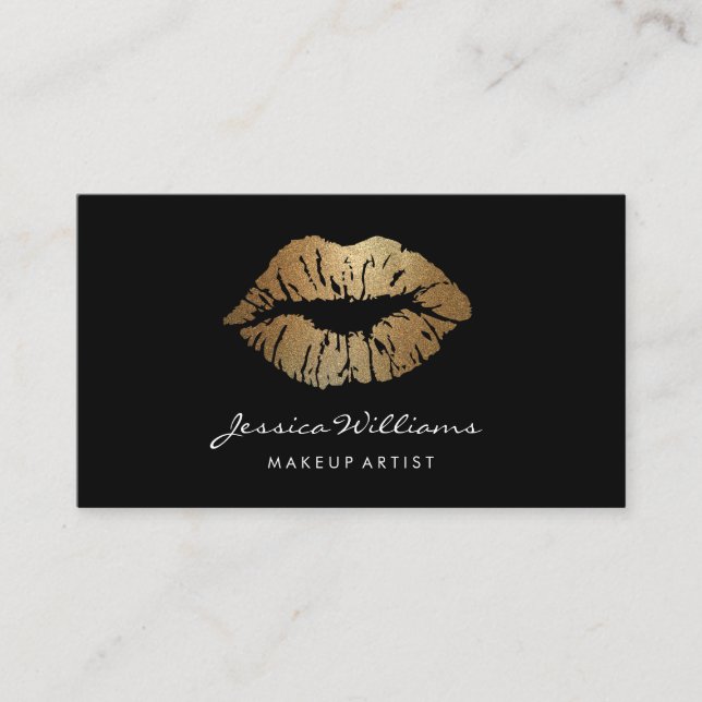 Makeup Artist Gold Glitter Lips Black Appointment Card (Front)