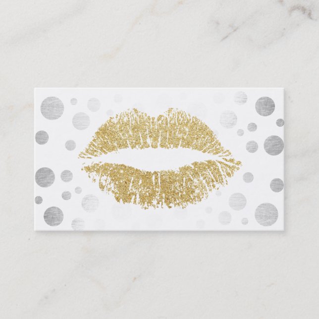 Makeup Artist Gold Glitter Lips Modern Silver Dots Business Card (Front)