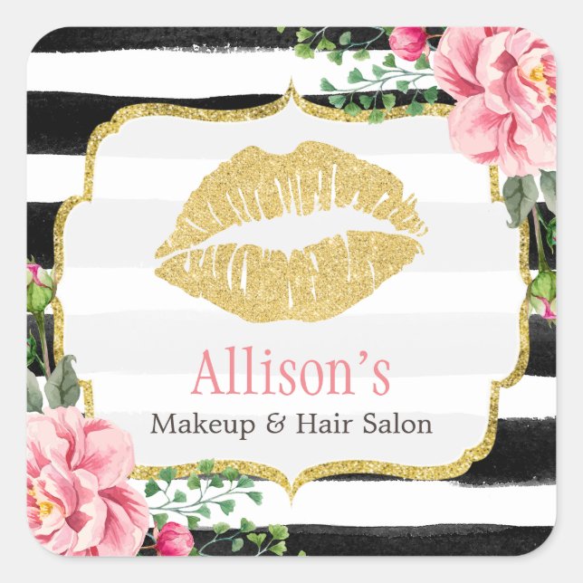 Makeup Artist Gold Lips Blush Pink Floral Stripes Square Sticker (Front)