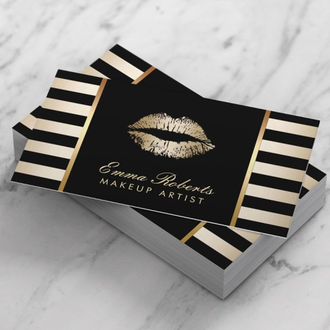 Makeup Artist Gold Lips Modern Black Gold Stripes Business Card (Creator Uploaded)