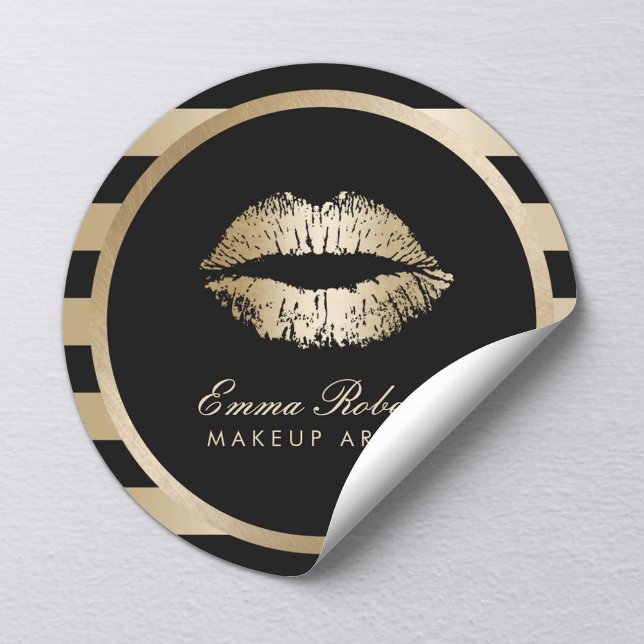 Makeup Artist Gold Lips Modern Black Gold Stripes Classic Round Sticker (Creator Uploaded)