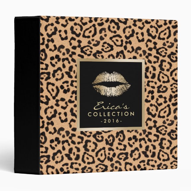 Makeup Artist Gold Lips Modern Leopard Print Binder (Front/Spine)