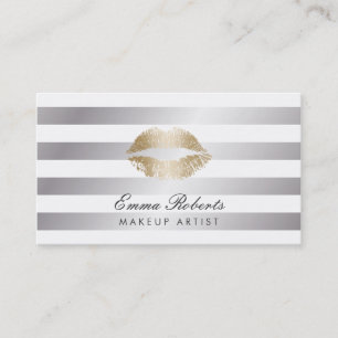Makeup Artist Gold Lips Modern Silver Stripes Business Card