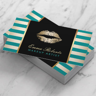 Makeup Artist Gold Lips Modern Teal & Gold Stripes Business Card
