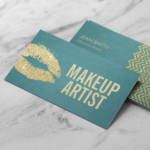 Makeup Artist Gold Lips Modern Turquoise Business Card