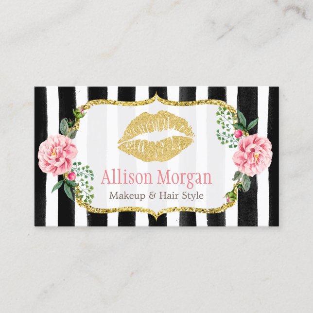 Makeup Artist Gold Lips Romantic Floral Striped Business Card (Front)