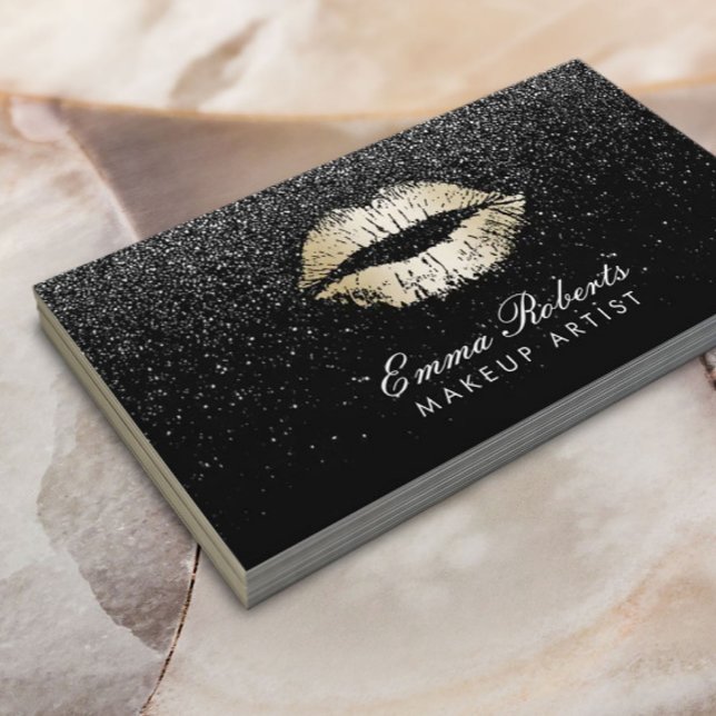 Makeup Artist Gold Lips Trendy Black Glitter Business Card (Creator Uploaded)