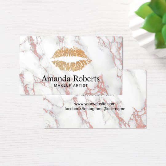 Makeup Artist Gold Lips Trendy White Marble Business Card