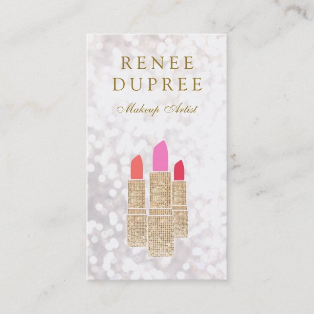 Makeup Artist Gold Lipstick Bokeh Beauty Business Card (Front)