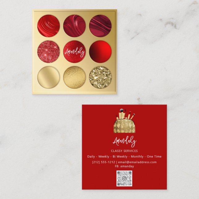  Makeup Artist Gold QRCode Logo Eyeshadow Red Square Business Card (Front/Back)