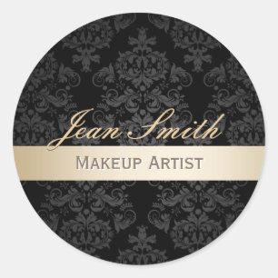 Makeup Artist Gold Striped Elegant Damask Salon Classic Round Sticker