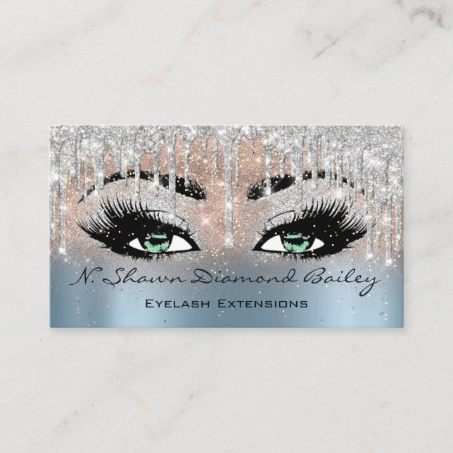 Makeup Artist Green Eyelash Blue Silver Rose Business Card (Front)