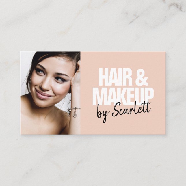 Makeup artist hair photo bold script blush pink business card (Front)