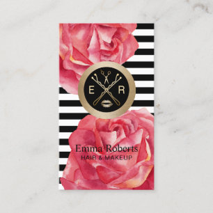Makeup Artist Hair Salon Modern Stripes Red Floral Business Card