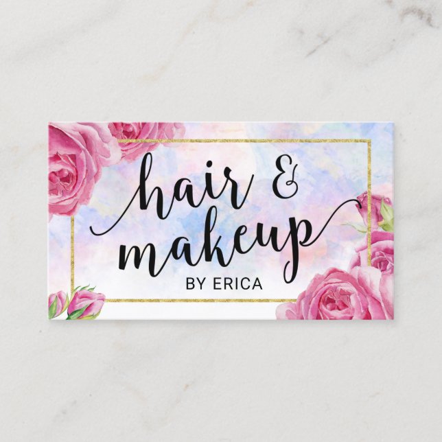 Makeup Artist & Hair Salon Watercolor Floral Business Card (Front)