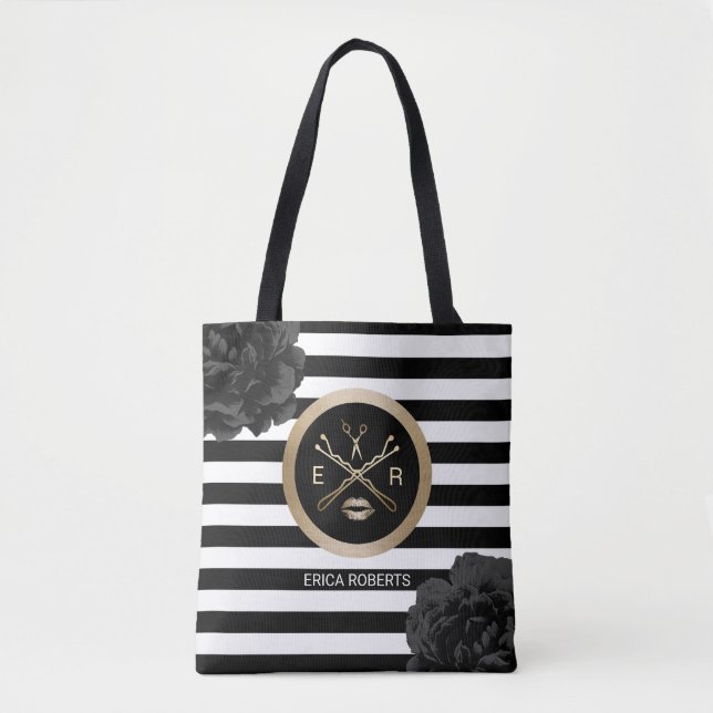 Makeup Artist Hair Stylist Black Floral Stripes Tote Bag (Front)