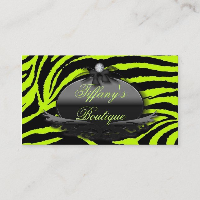 makeup artist hair stylist Lime Green Zebra print Business Card (Front)