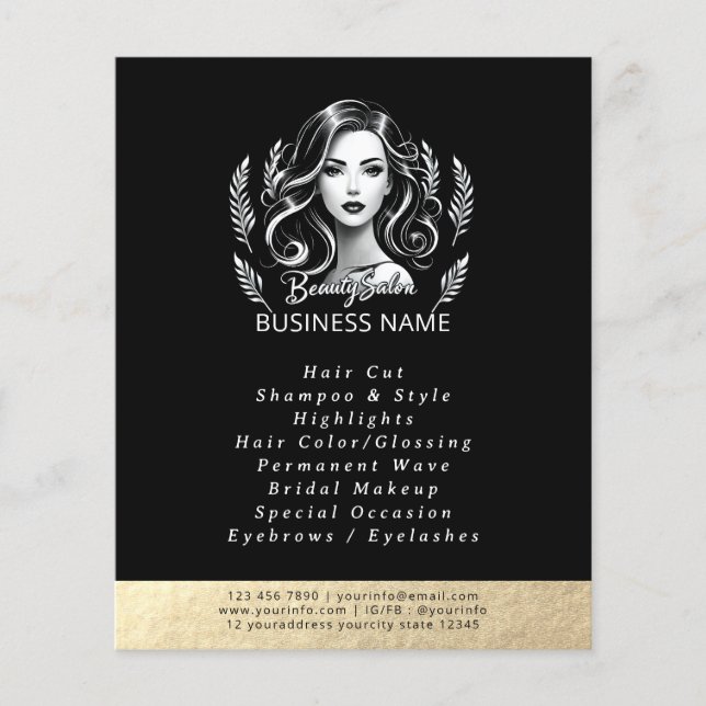 Makeup Artist Hair Stylist Modern Black White Gold Flyer (Front)