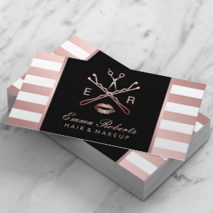 Makeup Artist Hair Stylist Modern Rose Gold Stripe Business Card