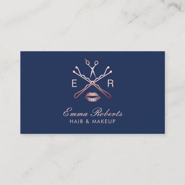 Makeup Artist Hair Stylist Rose Gold Navy Blue Business Card (Front)
