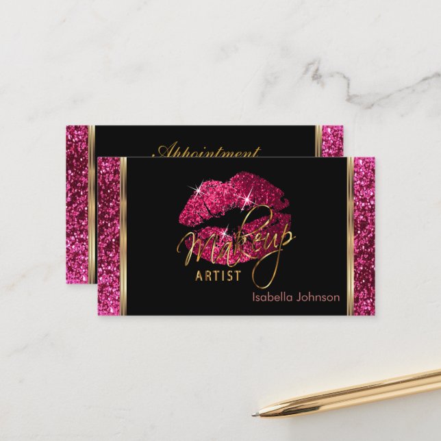 Makeup Artist Hot Pink Glitter Appointment Card (Front/Back In Situ)