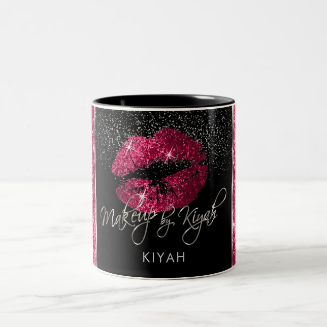 Makeup Artist Hot Pink Glitter Lips Two-Tone Coffee Mug (Center)
