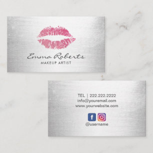 Makeup Artist Hot Pink Lips Modern Silver Salon Business Card