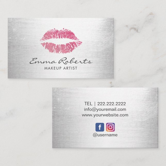 Makeup Artist Hot Pink Lips Modern Silver Salon Business Card (Front/Back)