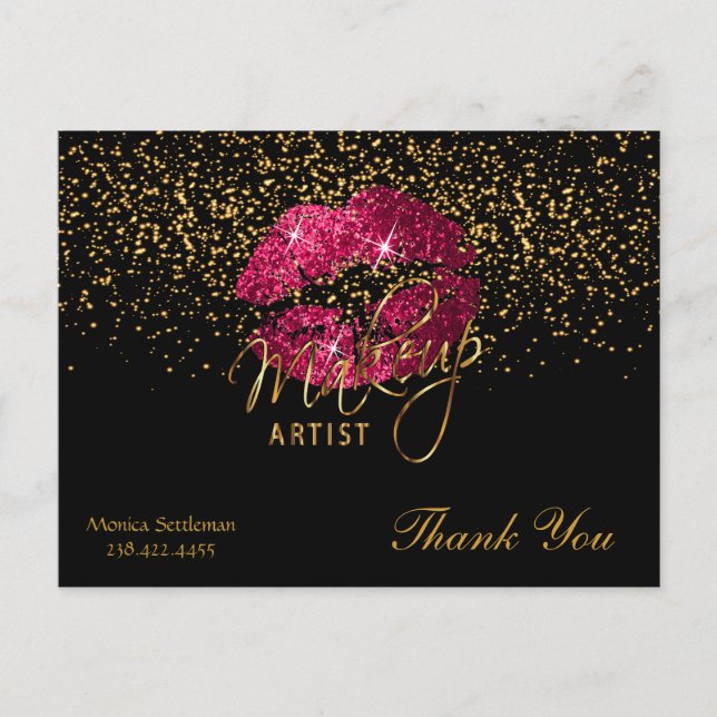 Makeup Artist  Hot Pink Lips on Black Postcard (Front)