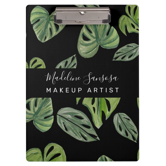 Makeup Artist Jungle Greenery Watercolor Monstera Clipboard (Front)